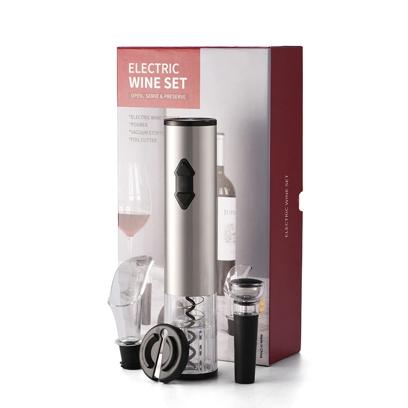 

Amazon Hot Sale 4 in 1 Stainless Steel Battery Operated Automatic Electric Wine Bottle Opener Corkscrew Gift Set, Silver