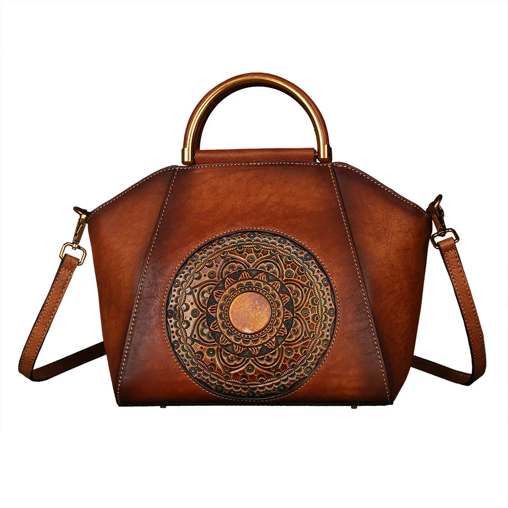 

Wholesale Ladies handbags Totem embossed leather women's bags Shoulder Top layer cowhide retro tote handbags for women luxury