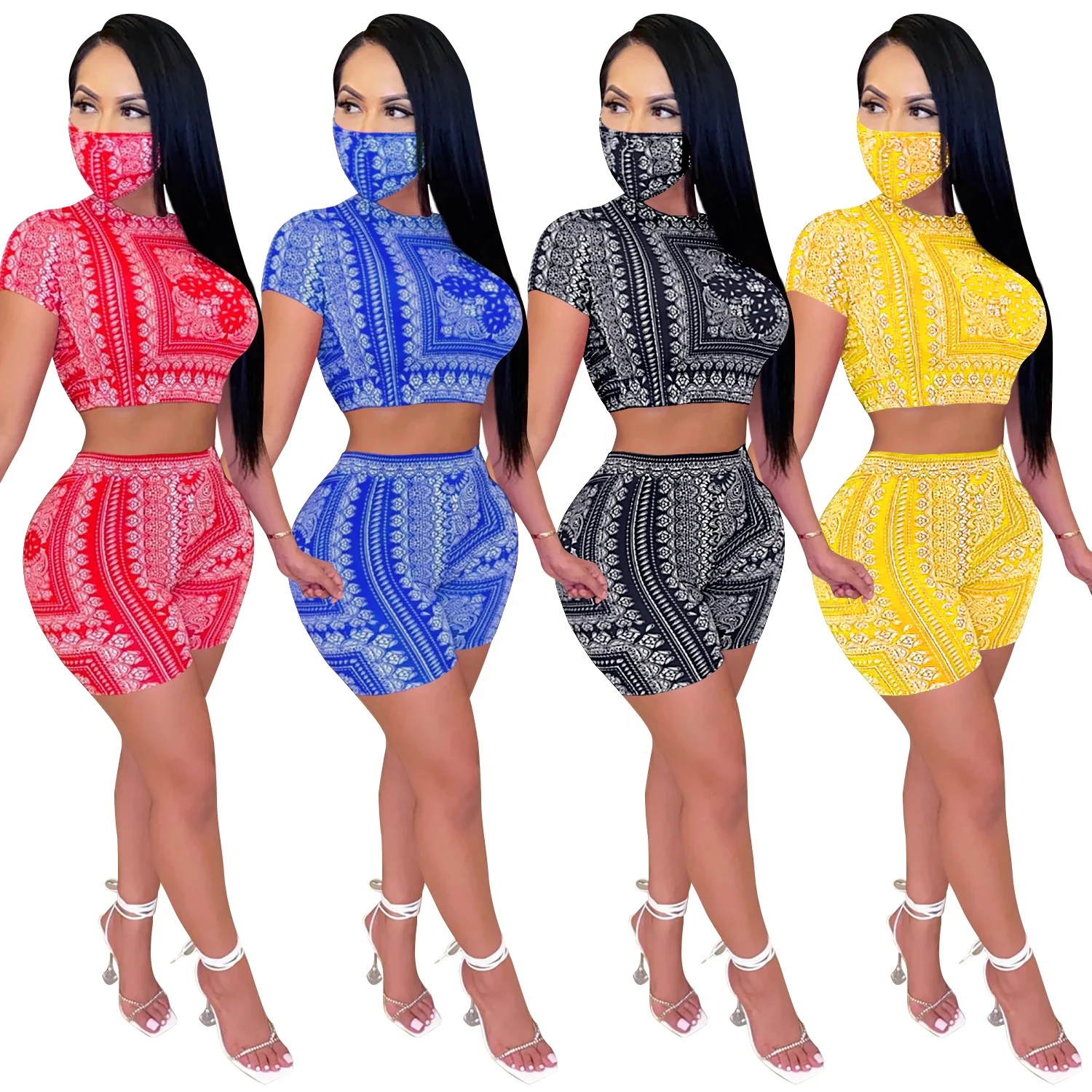 

summer Women Biker Jogger bandana Shorts Sets Clothing Three Piece Set Outfits Women Crop Tops Rompers bandana 2 Piece Sets