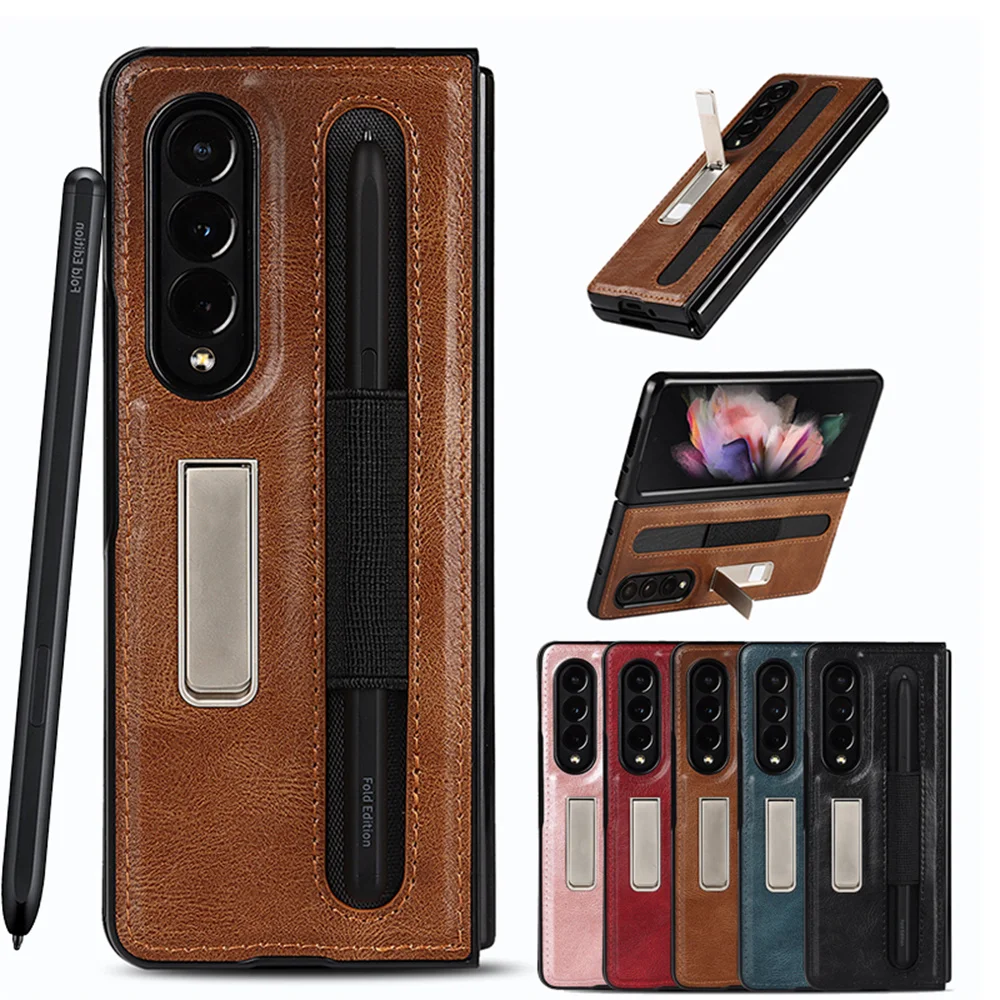 

Luxury PU Leather Full Protection Pen Slot Back Cover Capa With Pen Holder Phone Case For Samsung Galaxy Z Fold 3 5G, Black,dark blue,dark brown,pink,red