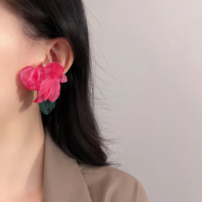 

New Trendy Design Simple Chiffon Flower Pendant Earrings Jewelry For Women