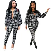 

MD9052 - ladies trendy plaid pants and long sleeve crop top two piece set