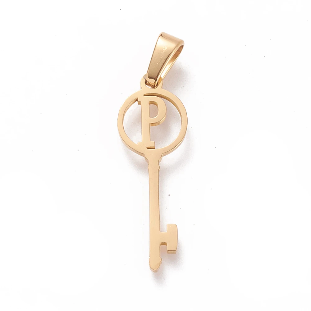 

PandaHall 304 Stainless Steel Golden Key with Alphabet Letter P Pendants