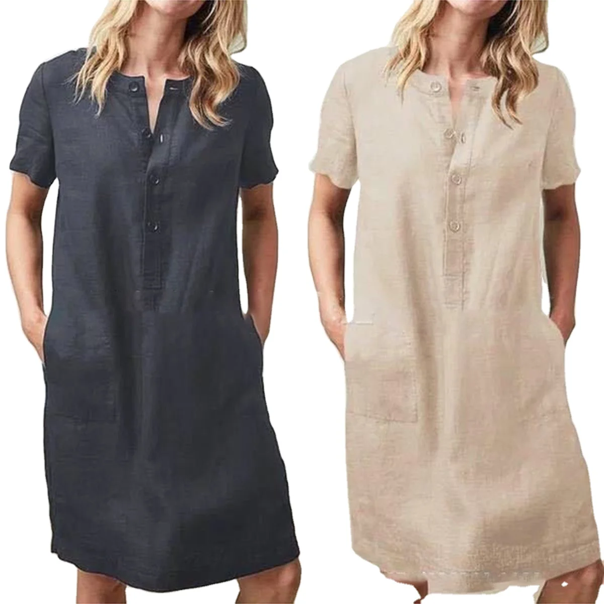 

Ladies plus size cotton and linen round neck long-sleeved dress button mid-length casual dress