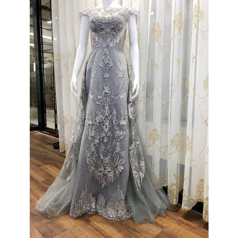 

Beautifical grey embroidered lace fabric french lace gown french tulle lace with sequins ML63N35, Can be customized