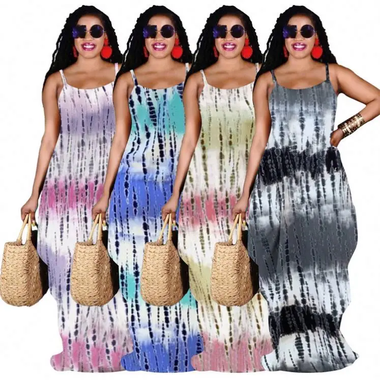 

PEARL Fashion 2021 Ladies Casual Loose Dress Summer Tie Dye Suspender Women Sleeveless Maxi Long Dresses