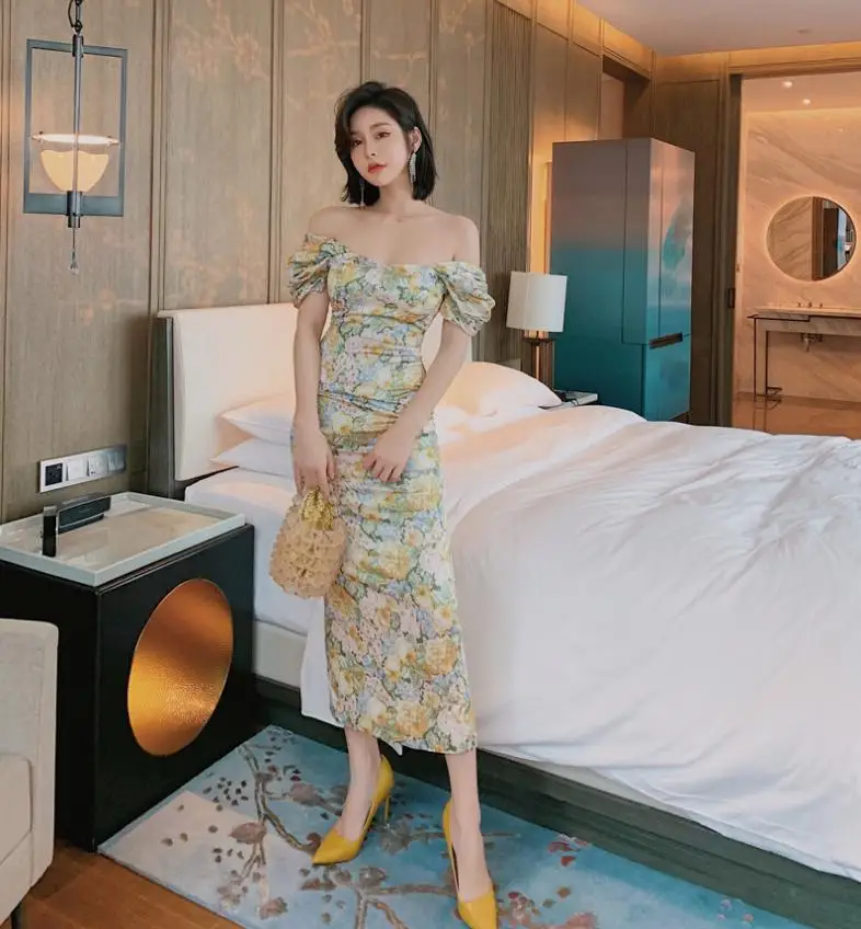 

Fashion Ladies Retro Floral Printed Dresses Strapless Casual Dresses Women Puff Sleeve Dress