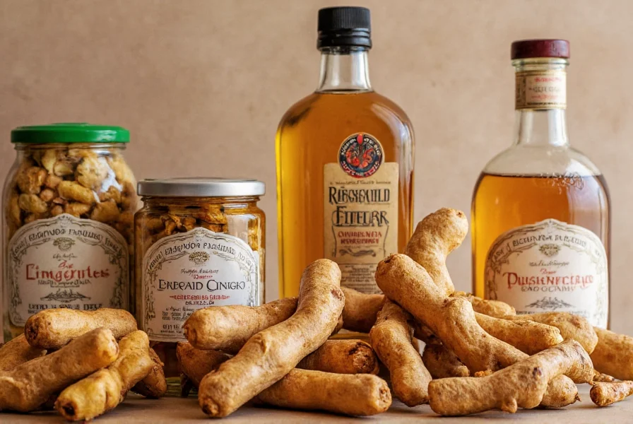 Traditional European ginger products including preserved ginger, ginger liqueur, and gingerbread