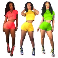 

SA9056 wholesale plain color zipper crop top and hot shorts summer two piece short set ladies track suits