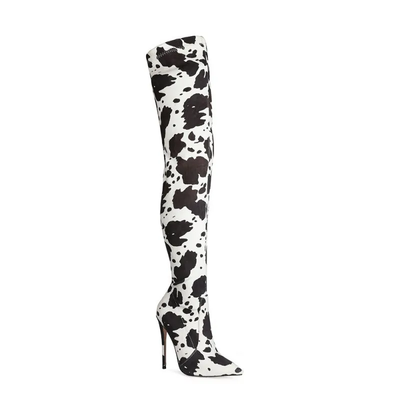 

Leopard pointed toe shoes ultra-high stiletto heel sleeve over-the-knee stretch boots large size nightclub boots