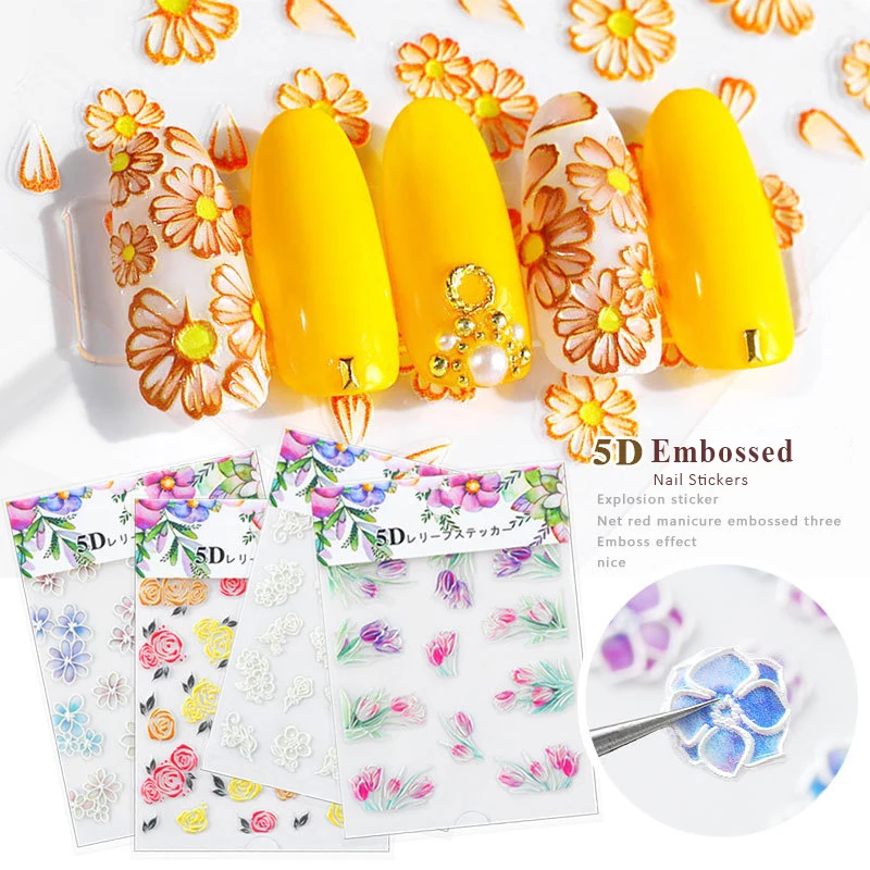 

1 Sheet 5D Embossed Colorful Flower Leaf Butterfly Series Nail Sticker Decoration Manicure Nail Sticker Decals