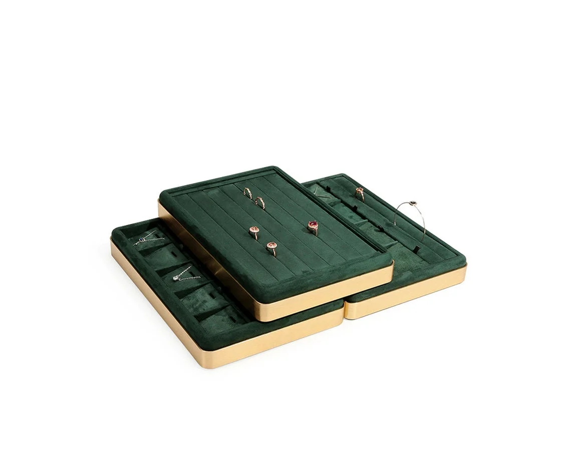 

High End Custom Dark Green Velvet Patent Leather Jewelry Trays Slot For Ring Necklace Bracelet Jewelry Presentation Tray, Customized color