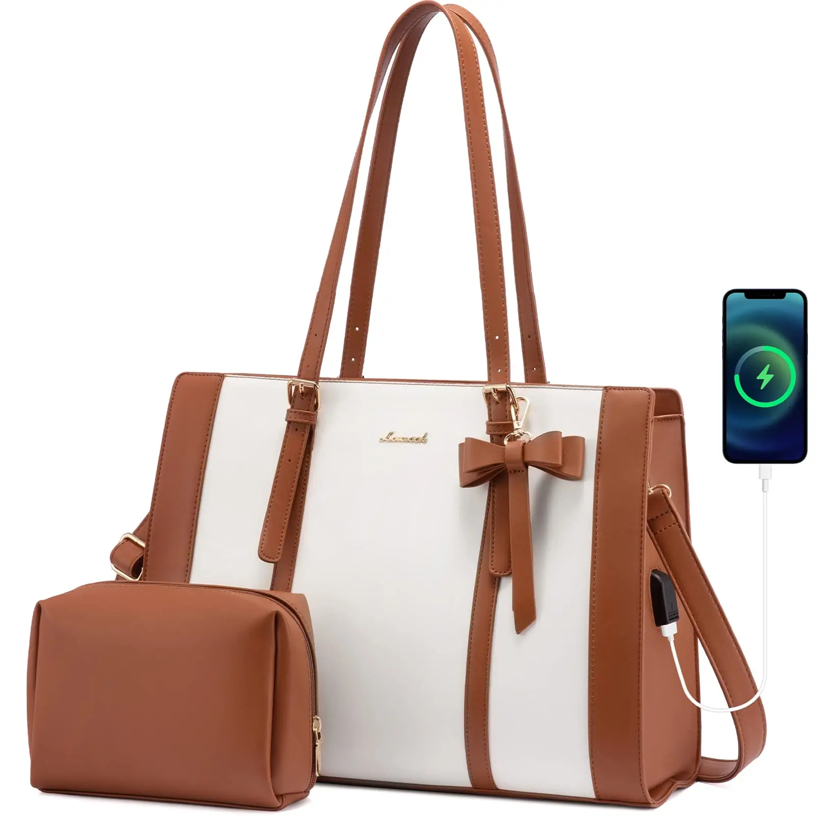

LOVEVOOK wholesale 2pc ladies gift handbag set 2022 pu leather office shoulder tote bags large 15.6 women briefcase laptop bags