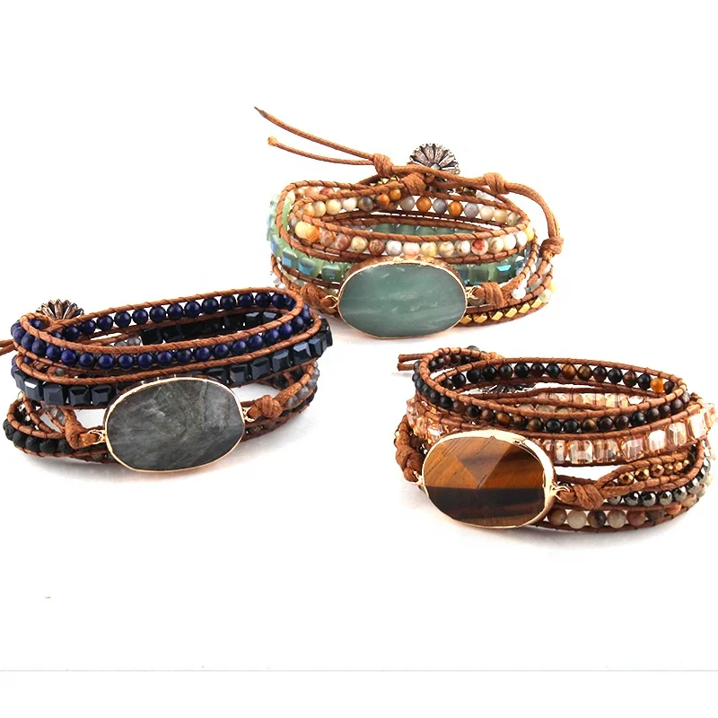 DropShippers Fashion Women Leather Bracelet Handmade Mixed Natural Stones Crystal Stone Charm 5 Strands Wrap Bracelets