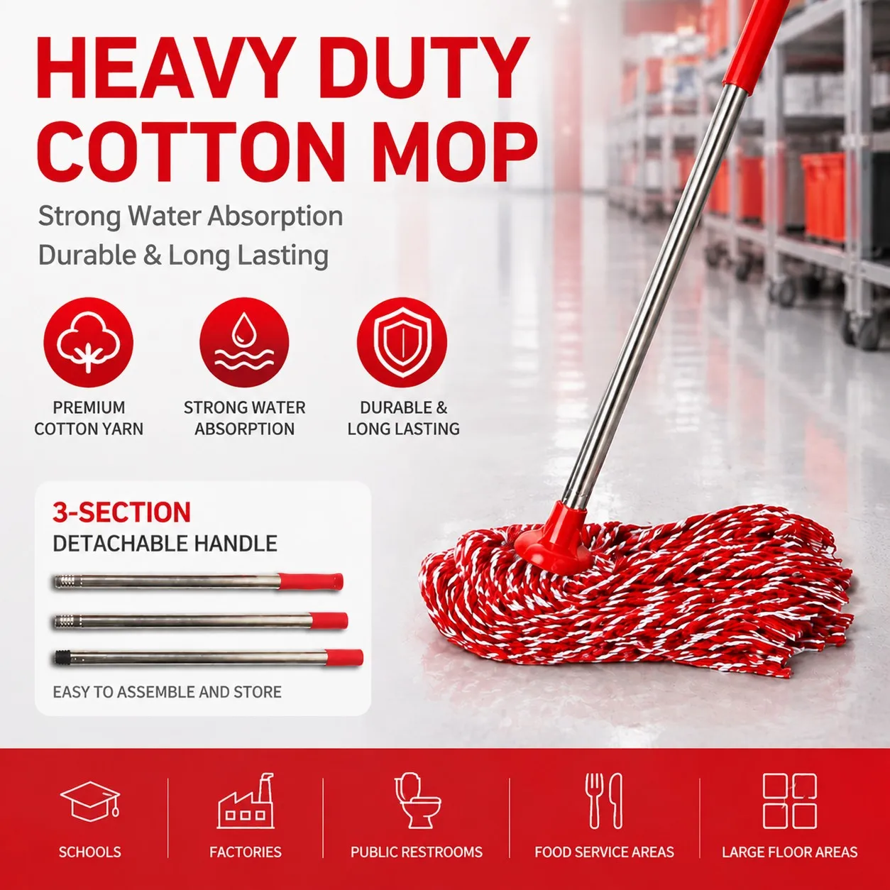 Cotton yarn mop with a red plastic socket and a three-section detachable stainless steel handle