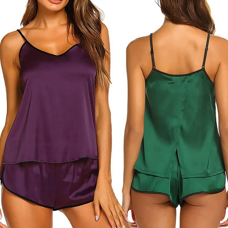 

Women Sexy Pajamas Set Silk Thin Pajamas Set V-neck Camisole Sleeveless Shorts Female Pajamas, Shown