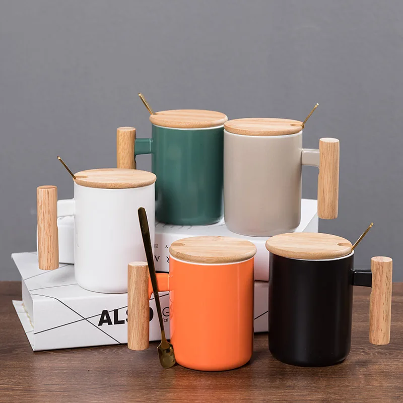

2021 hot sale Gift coffee mugs custom logo ceramic tumbler cups with wooden handle, bamboo lid and stainless steel spoon, Black,white,grey,green,orange