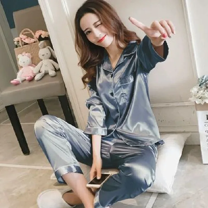 

Women's Fall Long Sleeve Thin Sweet Large Size Loose Home Suit Ice Silk Pajamas