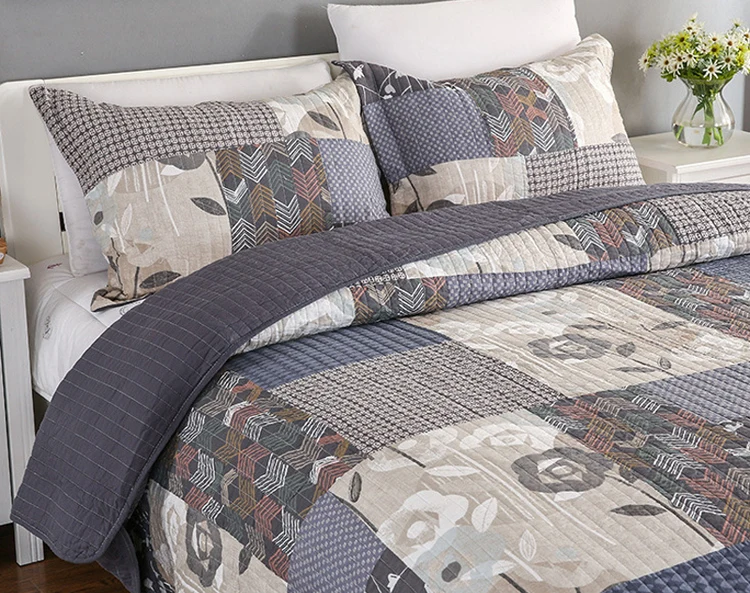 New Bedspread 3 Piece Vintage Printed Patchwork Quality Quilted Comforter Alvina 