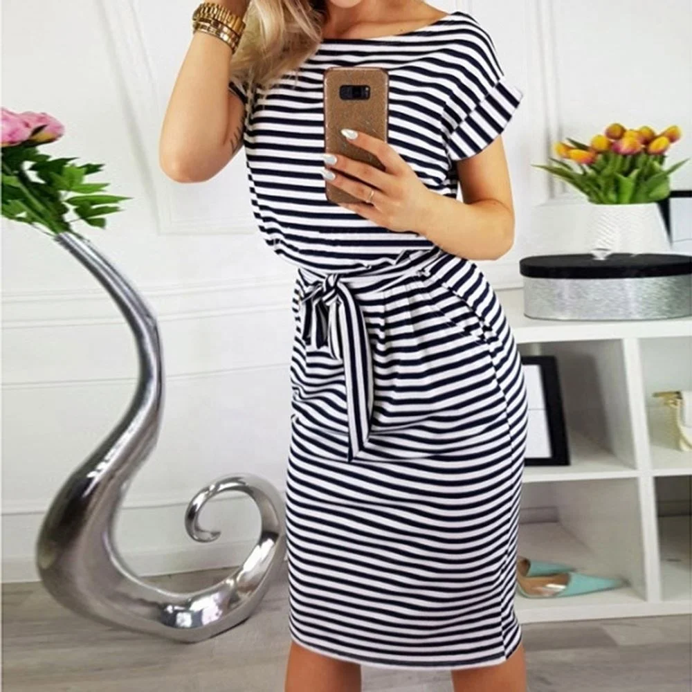 

Wholesale New Fashion Women O-neck Short Sleeve Dresses Striped Lace Up Belt Waist Slim Casual Knee Length Pencil vestidos Dress, 5 colors