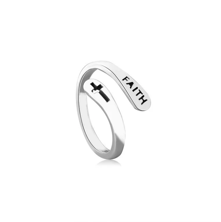 

Christian Cross Religious 925 Sterling Silver Ring Jewelry Inspirational Faith Letter w Hollow Cross Thai Silver Antique Ring, Silver color