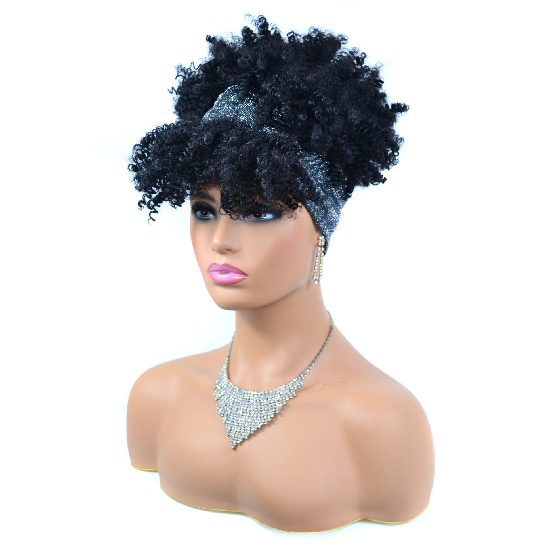 

Fluffy Turban Wrp Synthetic Wrp Wig Afro Kinky Curly Headband Wig with Bangs, Picture