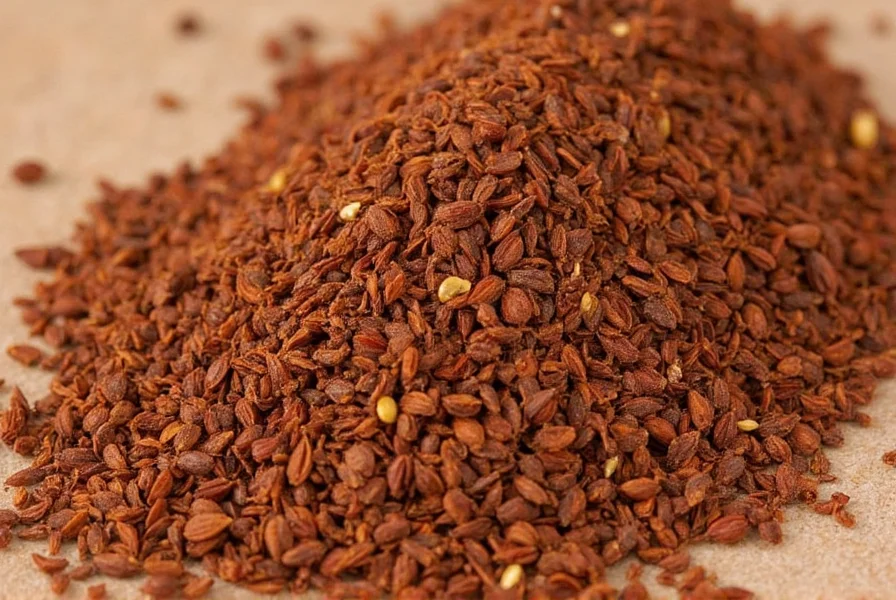 Close-up photograph of whole allspice berries next to ground allspice in a spice jar, showing the small dark brown spherical berries and fine reddish-brown powder