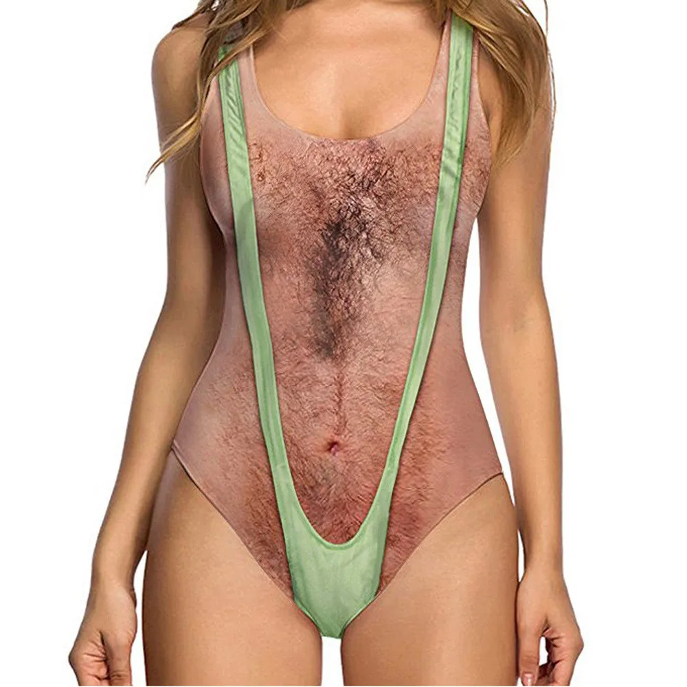 

2019 Hot Funny Borat Printed One Piece Swimsuit Women Sexy Chest Hair Bathing Suit Summer Swimwear Bathing Suit Beach Bather OEM
