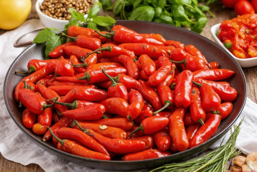 Colorful platter of roasted red peppers served with fresh herbs and complementary side dishes