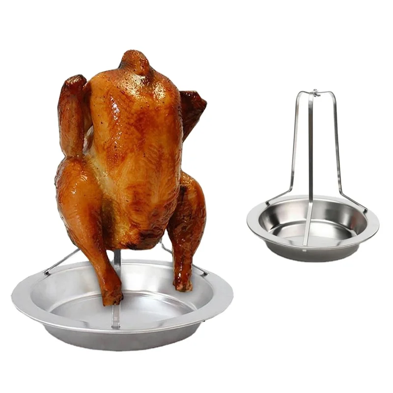 

Stainless Steel Chicken Holder Pan Upright Beer Roaster Rack Silver Baking Pan Grilled Roast Rack Outdoor Camping