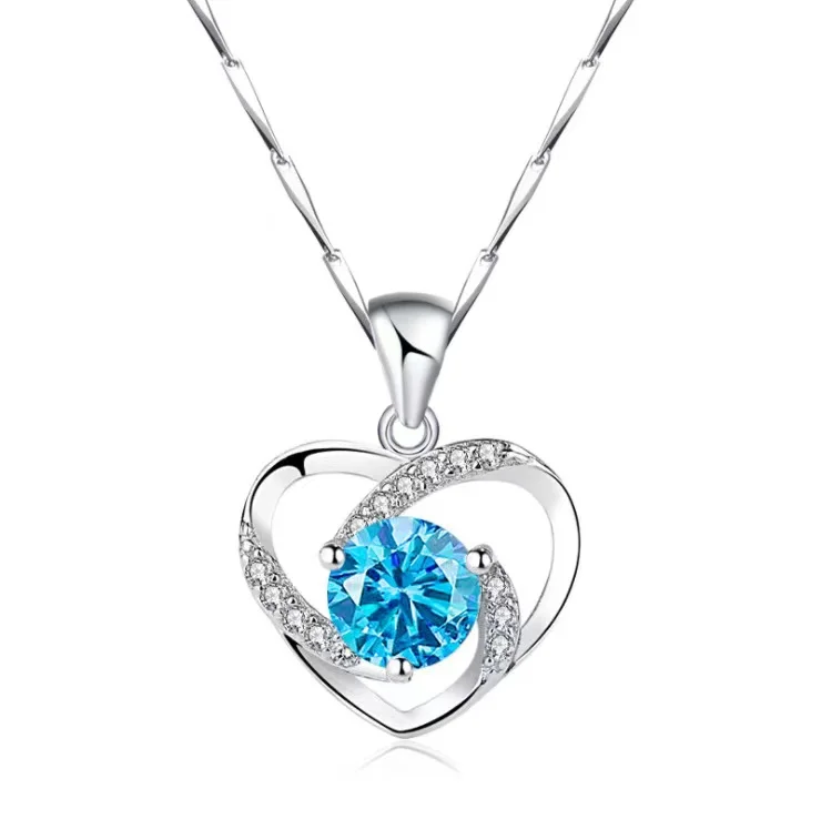 

100% Real S925 Silver Blue Crystal Pendant Endless Love Fashion Amethyst Heart Shaped Pendant Fine Jewelry for Girlfriend Mom