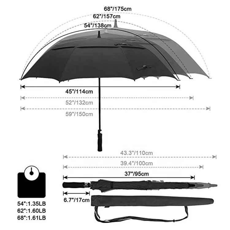 

62 / 68 Inch Automatic Open Golf Umbrella Extra Large Oversize Double Canopy Vented Windproof Waterproof Stick Umbrellas, Black