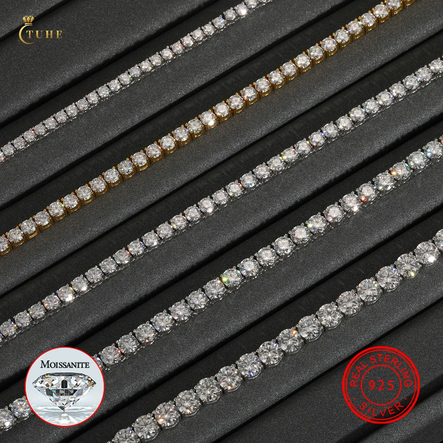 

Hot Trendy 3mm 4mm 5mm 6mm 925 Sterling Silver D Color VVS Clarify Moissanite Diamond Cluster Tennis Chain Necklace