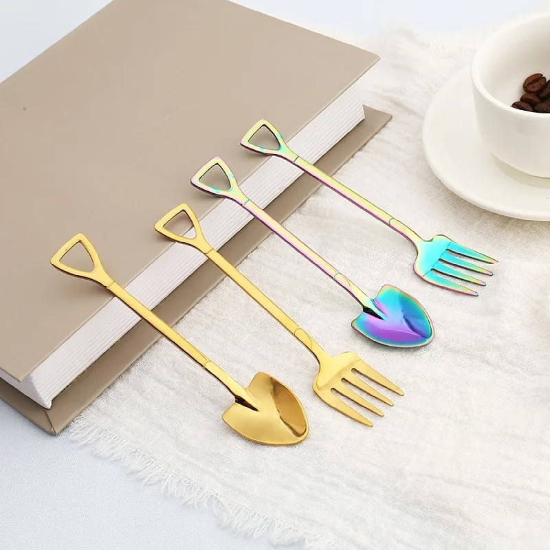 

Colorful Shovel Shaped Dessert Spoons Creative Stainless Steel Tea Coffee Ice Cream Spoons, Sliver/ gold/rose gold/ rainbow