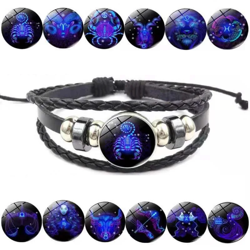 

Promotional Gift Alloy Snap Fastener 12 Constellations Jewelry Mens Handmade Charm Punk Rock Leather Bracelet