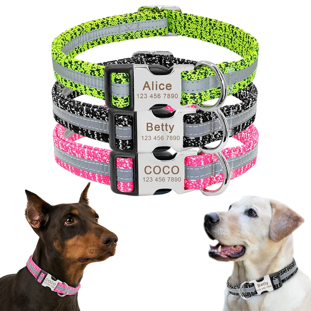 

Personalized Pet Dog Collar Reflective Custom Puppy Collars Pitbull Large Dog Collar for Small Pets Chihuahua German Shepherd, Pink/green/black