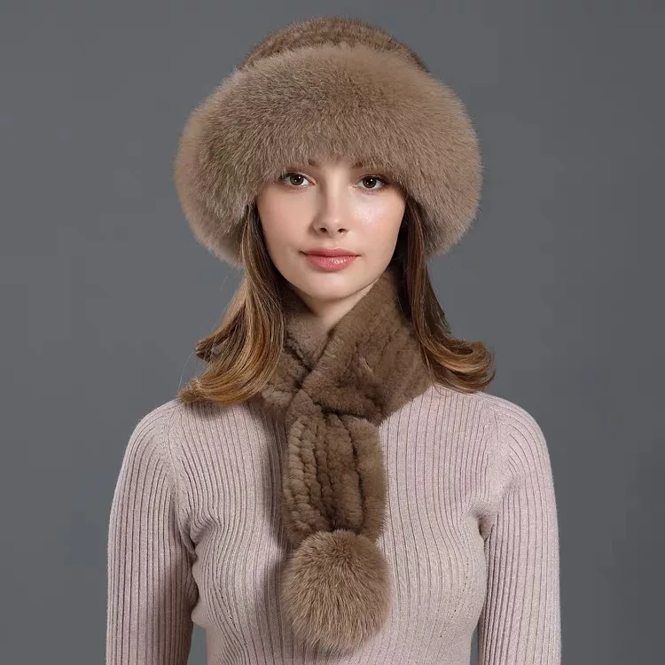 cx-set-05c 妇女手针织水貂毛皮真正的俄罗斯毛皮帽子冬季围巾帽子