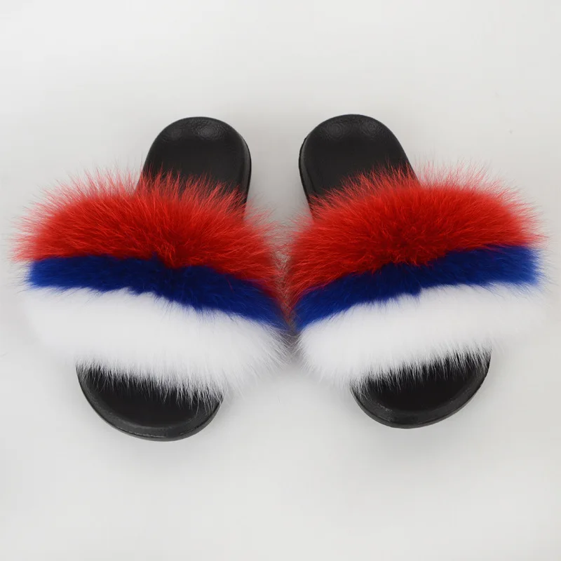 

Curlyfur Custom Fluffy Slippers PVC Soles Strip Colors Real Fox Fur Sandals Slides
