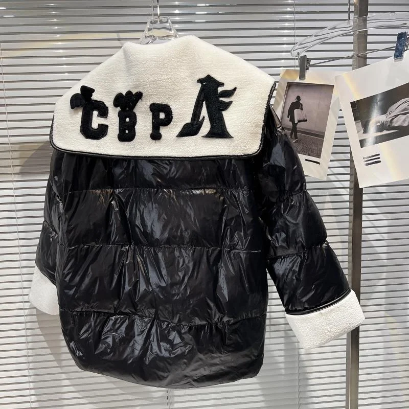 

OUDINA New Fleece Navy Collar Print Letter Pattern Warm Down Jacket Puffer Padded Outwear Coat Women Winter, Black