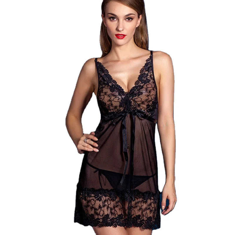 

LEX underware woman sexy lingerie robe women Lace transparent two piece halter nightdress suit underwear