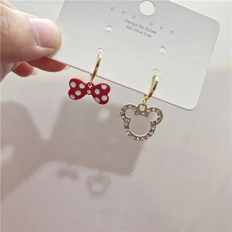 

Korean Design GirlsGold Hoop Earring Jewelry Asymmetric Cute Cartoon Bow Bling Diamond Mickey Drop Earrings