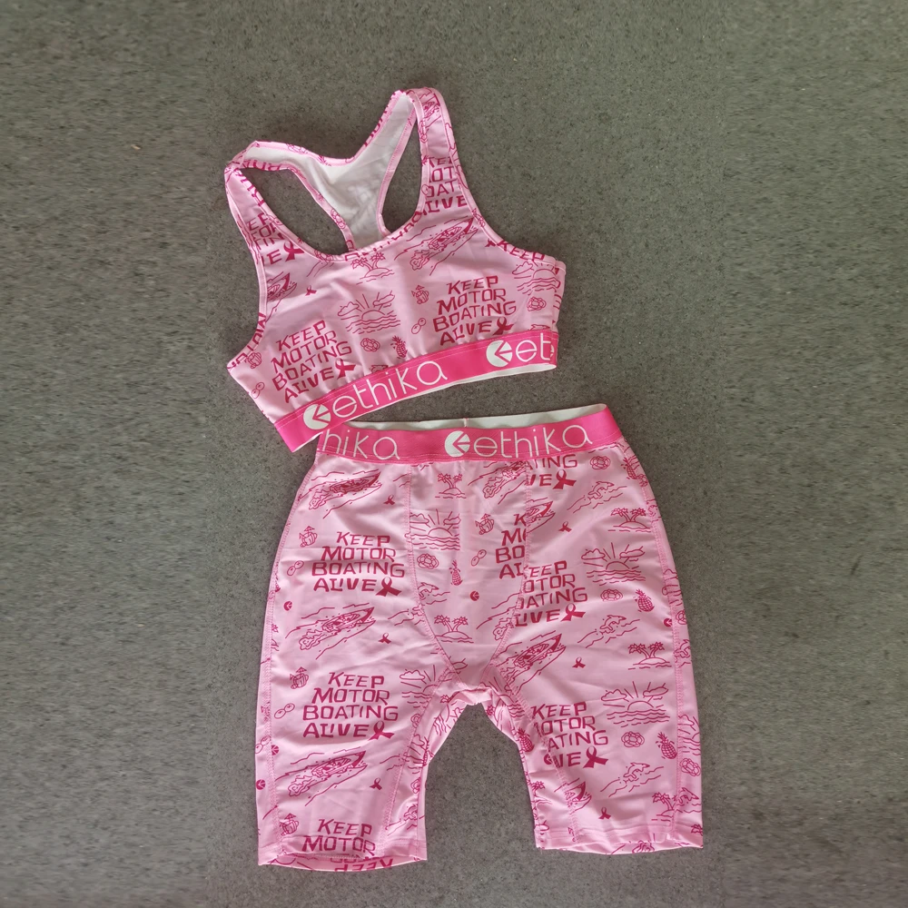 

Summer Pink color Letter Printing yoga gym sports vest and short 2 pieces set women underwear crop top biker short set