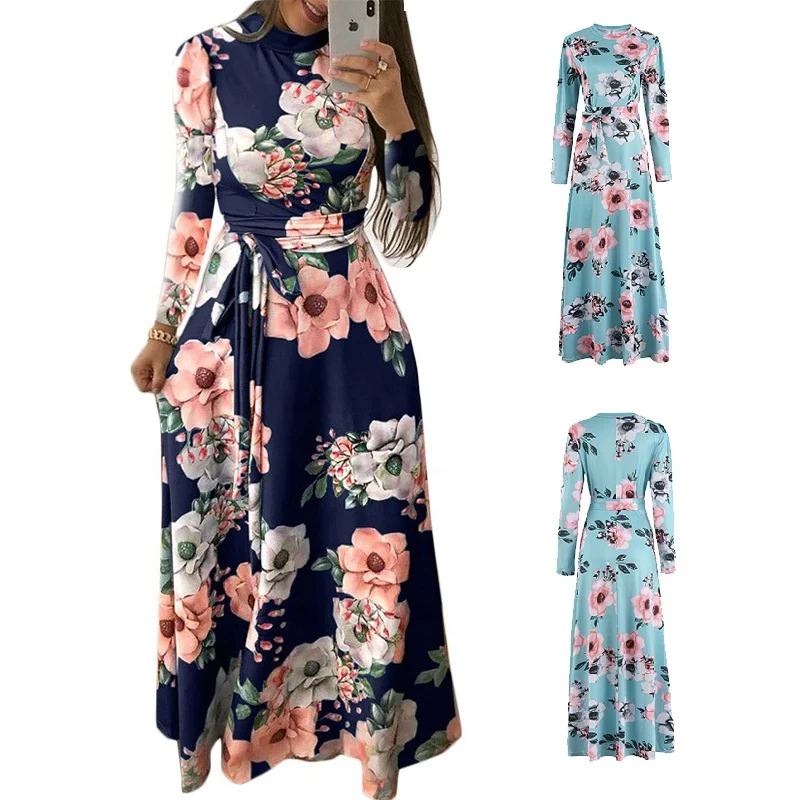 

Amazon hot sales plus size dress womens belt Casual dresses new indian fashion Maxi print dress