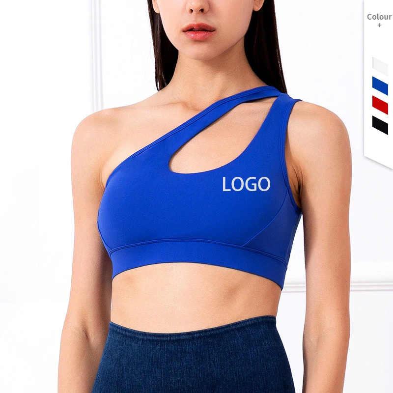 

Amazon Hot Sale One Shoulder Strap Hollow Out Yoga Bra Sexy Women Gym Fitness Wear Bra Top Sports Outfit Training Clothing