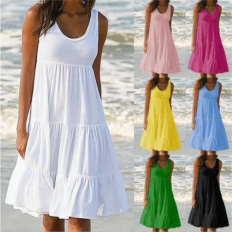 

Womens Holiday Summer Solid Color Sleeveless Pockets U-neck Sundress Women's Summer Casual Loose Dress fashion plus size S-5XL