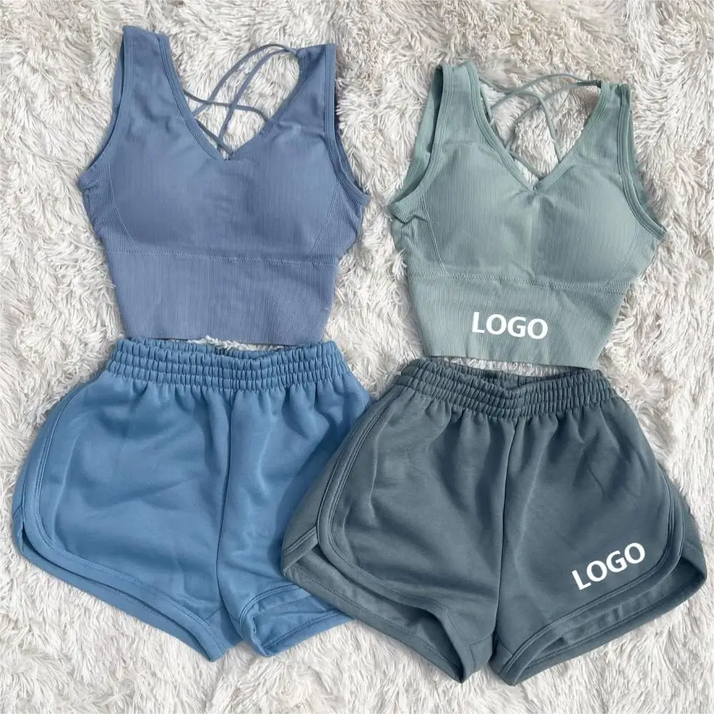 

Custom Design 2 Piece Short Set Outfits 2022 Summer Women Backless Yoga Gym Crop Seamless Top Bra Short Set