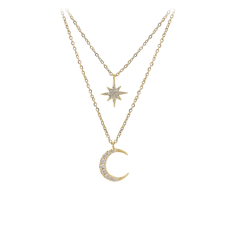 

Trend Double Layer Star Moon Pendant Necklace for Women Girl Clavicle Chain Eight Pointed Star Necklace Simple Jewelry Gift