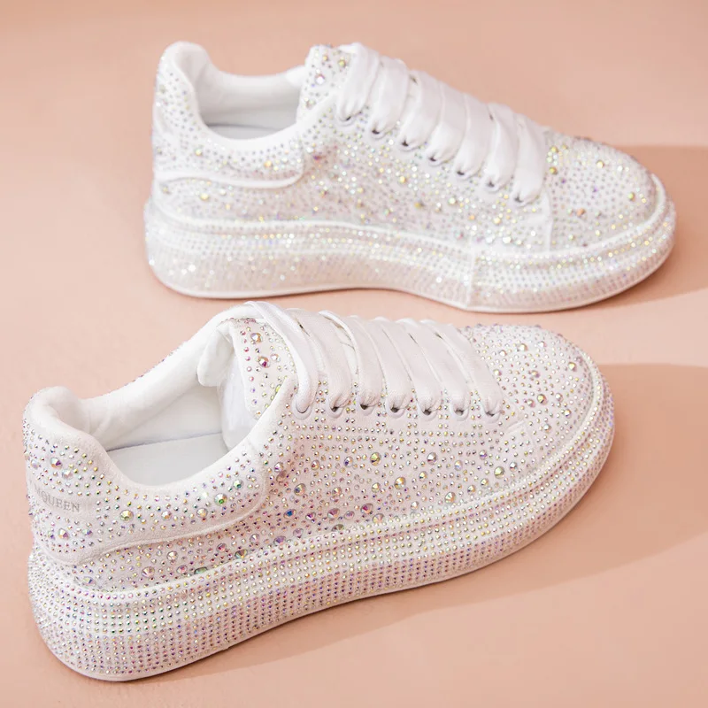 

Autumn New Fashion Flat Women's Chunky Thick Soled Solid Color Rhinestone Skateboard Shoes, Colors