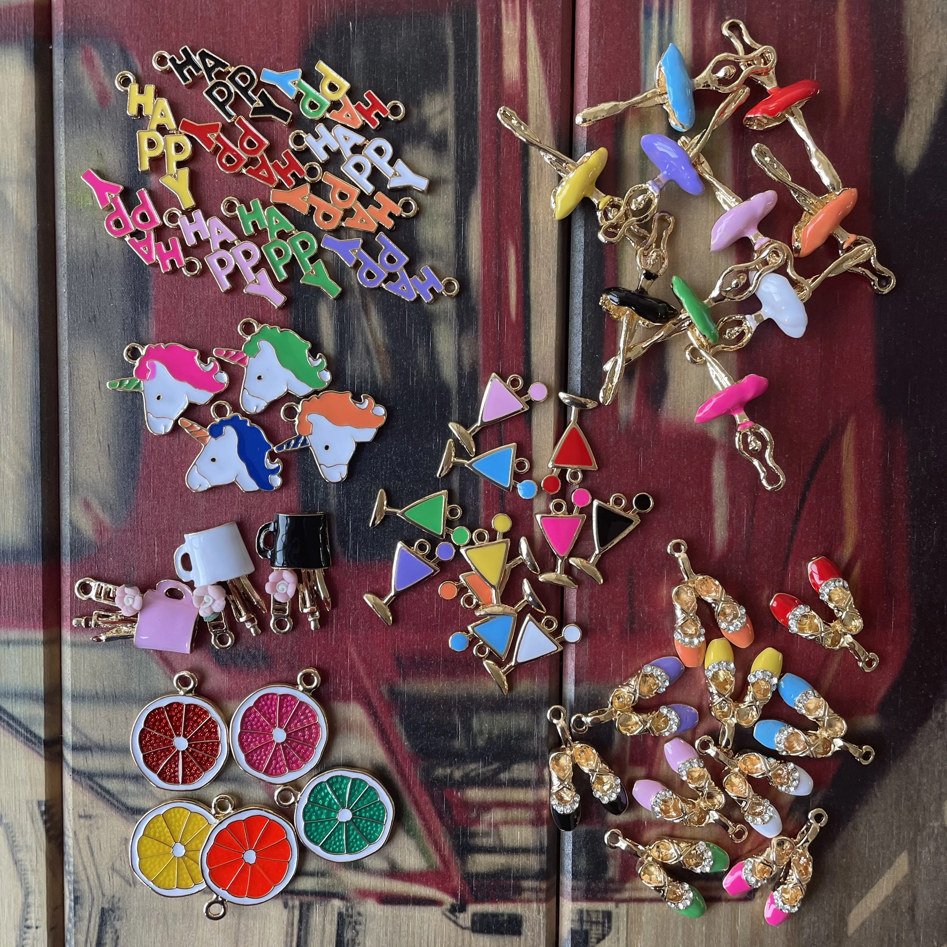 

50pcs mix lot DIY colorful metal charms for bangles DIY bracelets cute ballet girl unicorn Lemon pendants kids cartoon charms