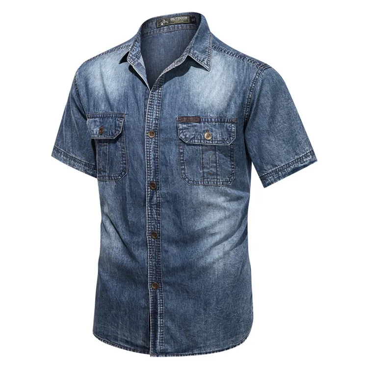 

Retro simple men casual plus size denim short sleeved design t shirt